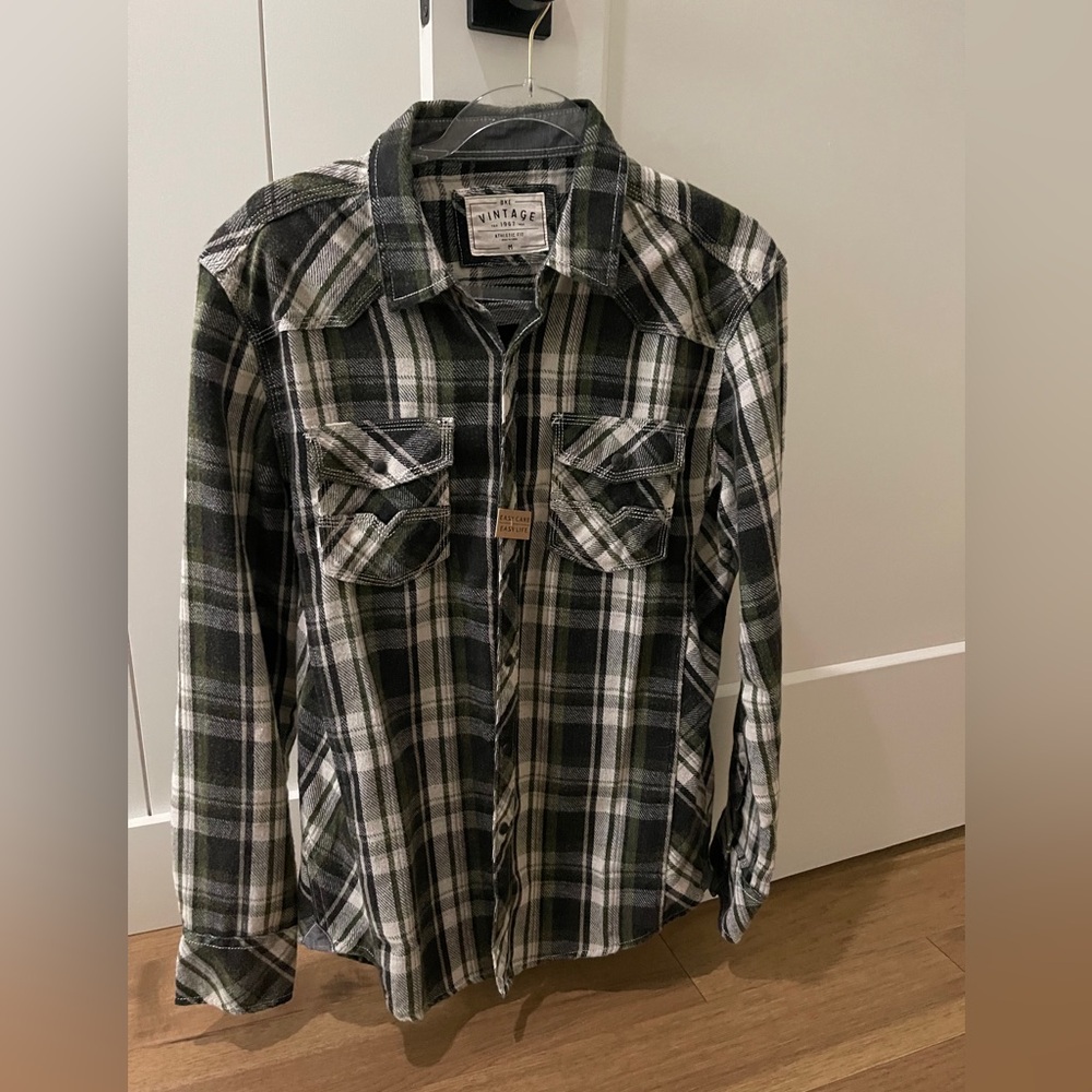 BKE Vintage Alethic Fit Black Olive Plaid Shirt